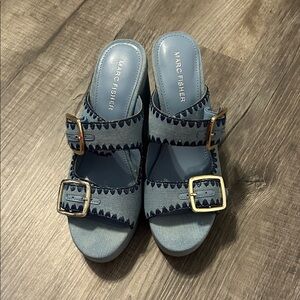 Marc Fisher Denim Blue Mules with Gold Buckles